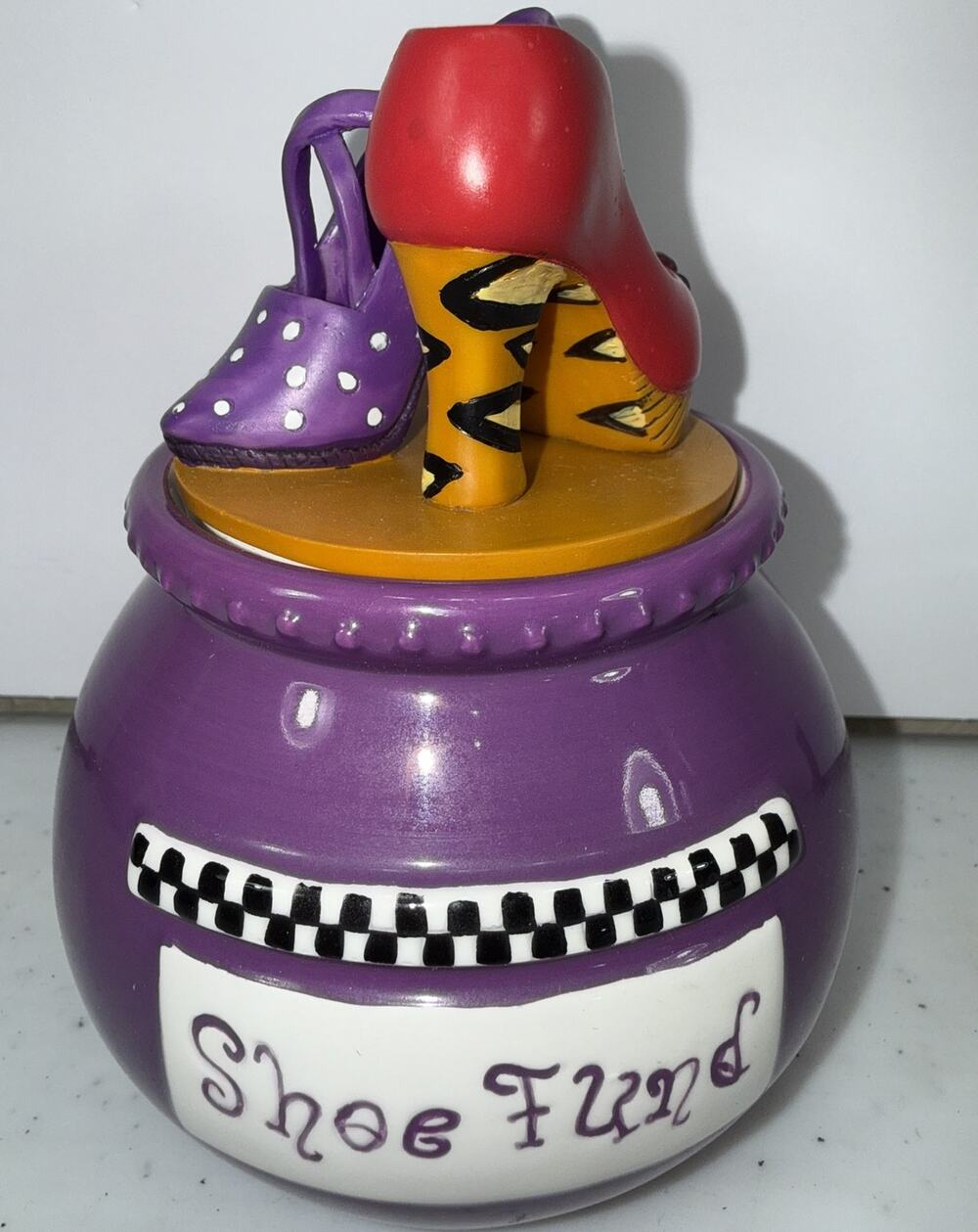 Ceramic Shoe Fund Savings Jar High Heel Shoes Purple Red Removable Lid